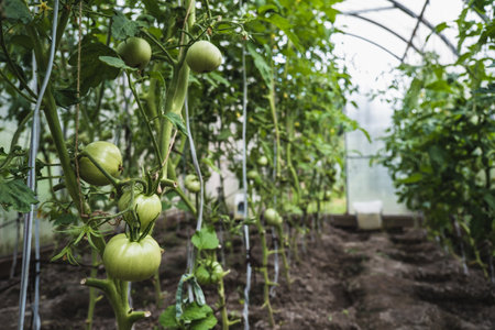 Unripe green tomatoes in a greenhouseの写真素材