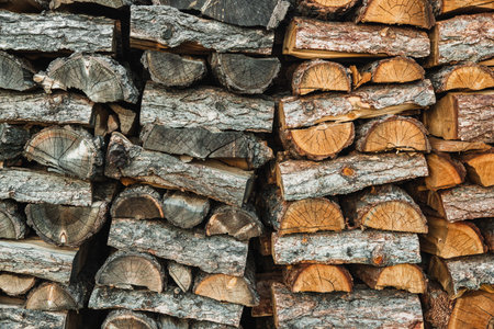 Woodpile. textured firewood background. Pile of old dry chopped firewoodの写真素材
