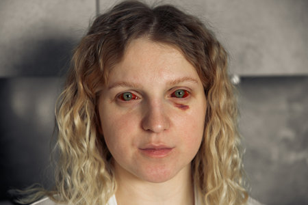 Portrait of a girl with red eyes. Eyes injury after difficult childbirthの写真素材
