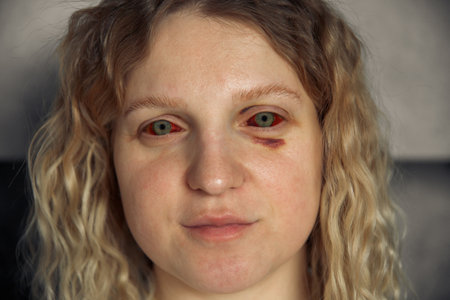 Portrait of a girl with red eyes. Eyes injury after difficult childbirthの写真素材