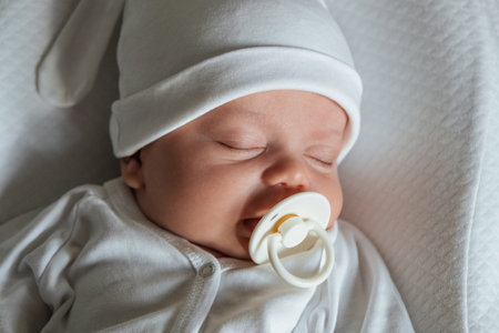 Beautiful caucasian newborn baby. child sleeping in bed. little kids concept. close-up portrait