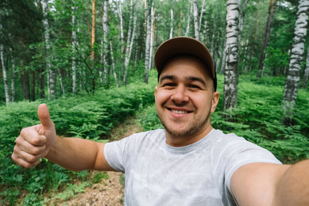 Man smiling and taking a selfie in the forestの写真素材