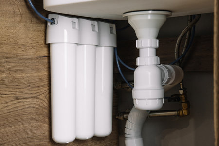 Home water filtration plant close-up. Small water filters under the sink in the kitchenの写真素材