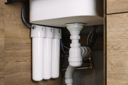 Home water filtration plant close-up. Small water filters under the sink in the kitchenの写真素材