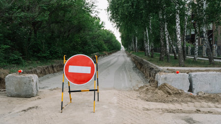 Reconstruction of a road. road sign forbidding passageの写真素材