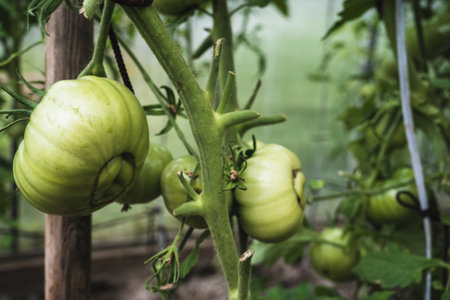 Unripe green tomatoes in a greenhouse close-upの写真素材