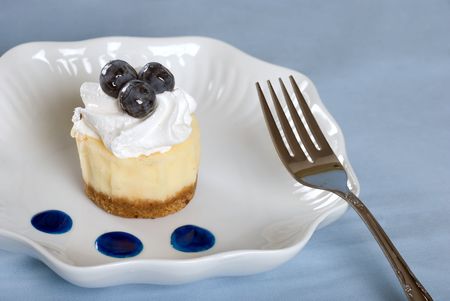 Cheesecake with fresh blueberries and a forkの写真素材