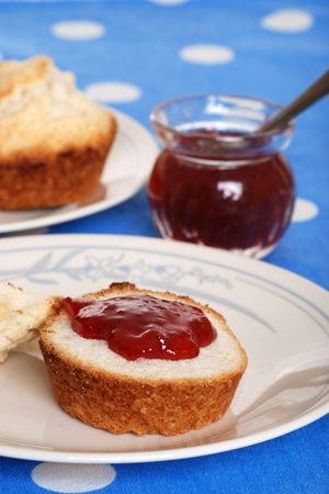 closeup tea biscuits with jamの写真素材