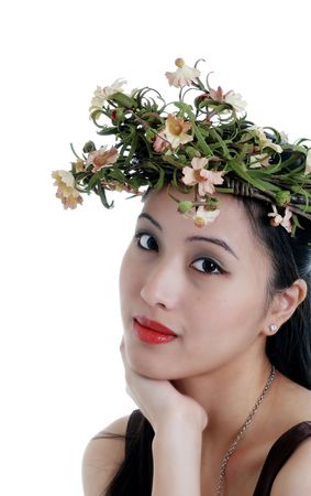 oriental woman wearing a flower crownの写真素材