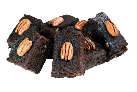 Isolated stack of chocolate pecan brownies on a white backgroundの写真素材