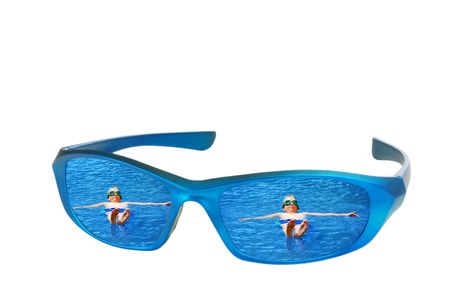 Isolated blue sunglasses reflecting a child swimming on a white background