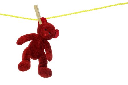 Red teddy bear on clothes lineの写真素材