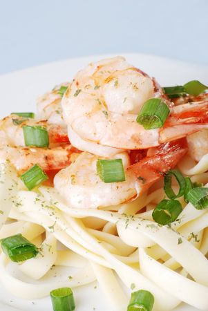 top view shrimp with spring onions and noodles shallow dofの写真素材