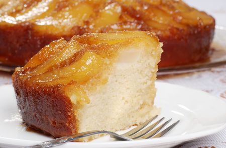macro upside down pear cakeの写真素材