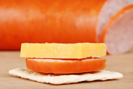 Macro Cracker With Cheddar Cheese And Kielbasaの写真素材