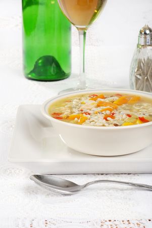 chicken and wild rice soup with wineの写真素材