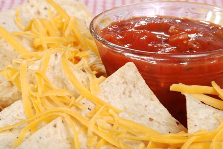 macro nachos and cheese with salsaの写真素材
