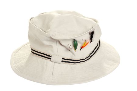 fishing kahki hat with dry fliesの写真素材