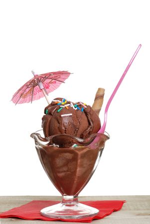 isolated chocolate sundae with an umbrellaの写真素材