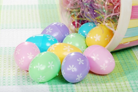 macro of spilled easter eggsの写真素材