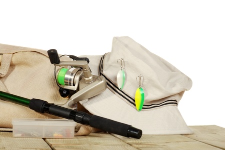 isolated fishing equipment on a dockの写真素材