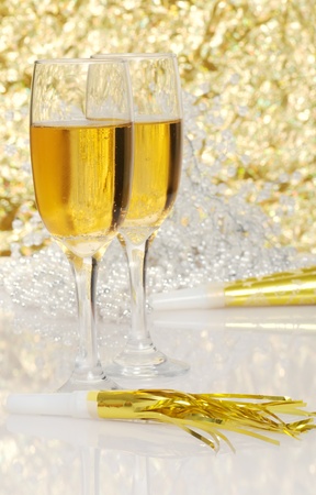 champagne with new years hornの写真素材