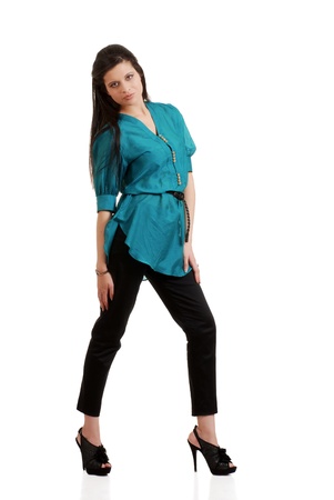 hispanic woman wearing black pants and blue topの写真素材