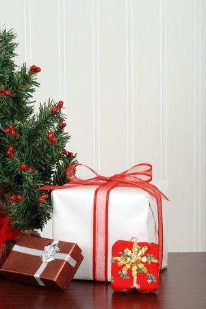 Mini christmas tree with presentsの写真素材