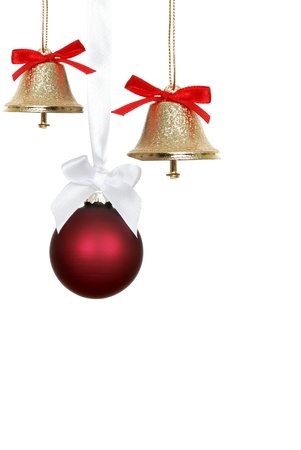 Red christmas ornaments and bellsの写真素材