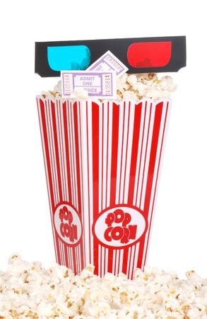 bucket of popcorn with 3D glasses and movie ticketsの写真素材