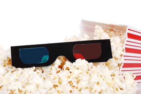 Spilled popcorn with 3D glassesの写真素材
