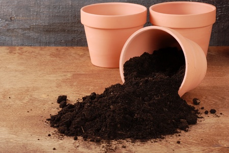 Garden Clay pot with spiiled dirtの写真素材
