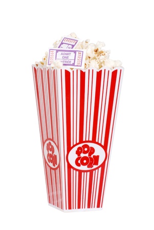 Popcorn in bucket with movie ticketsの写真素材