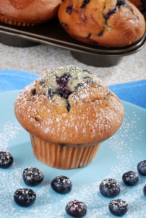 Blueberry muffin with icing sugarの写真素材