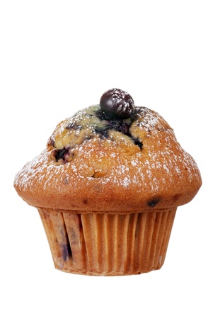 Isolated blueberry muffin with icing sugarの写真素材
