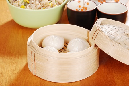 Pork dumplings in bamboo basketの写真素材