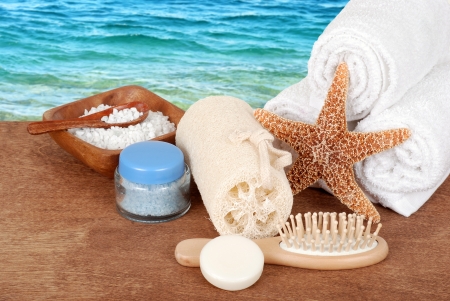 spa accessories with white towelsの写真素材