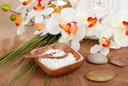 Still life spa bath salt with towelsの写真素材