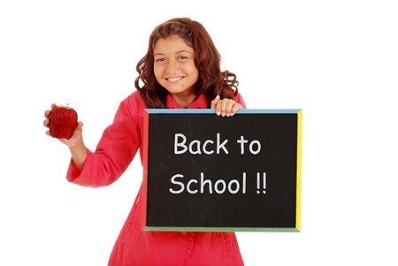 Young girl happy back to school with chalk boardの写真素材