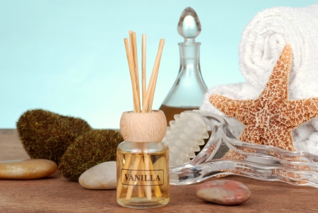 Spa still life with vanilla reed diffuserの写真素材