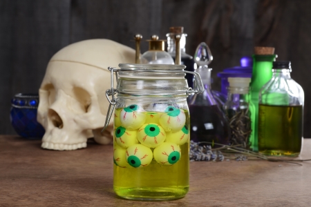 Jar of eyeballs skull and potionsの写真素材