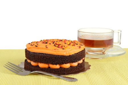 Halloween chocolate orange cake with teaの写真素材
