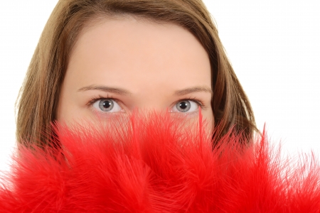Closeup woman with red feather fanの写真素材