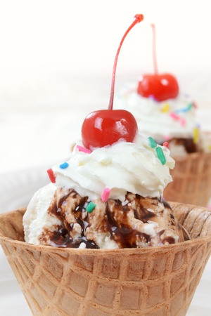 Macro chocolate sundae with cherryの写真素材
