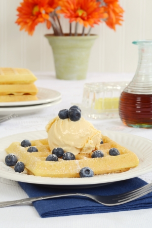 waffles with blueberries and vanilla ice creamの写真素材