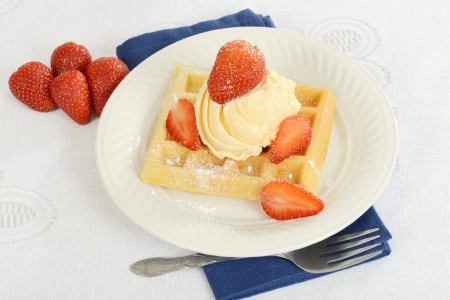 top view ice cream strawberry waffleの写真素材