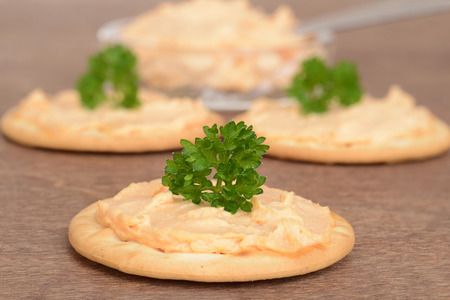 cracker with salmon pate on woodの写真素材