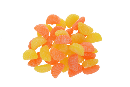 top view sugar coated orange and lemon candyの写真素材