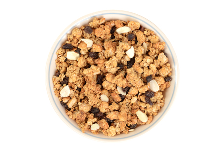 top view bowl of granola raisin almond cerealの写真素材