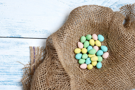 top view easter eggs in a nestの写真素材